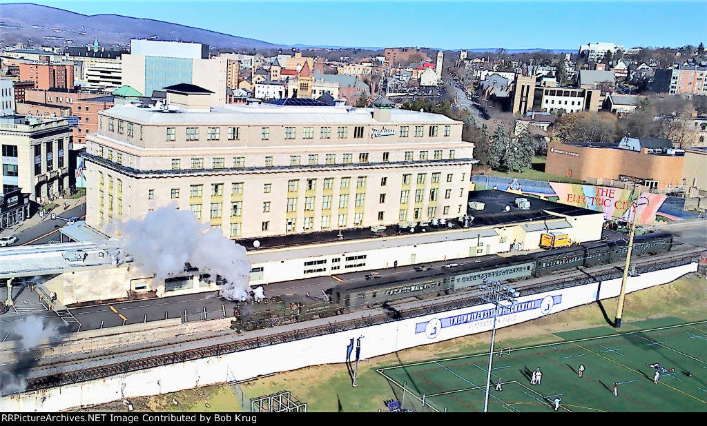 BLW 26 passing the former DL&W passenger station in Scranton, now a Radisson Hotel